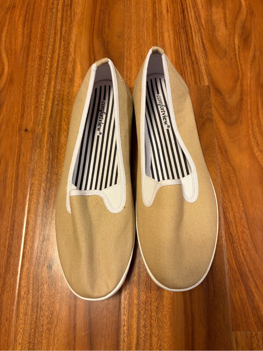 comfortview Women’s Slip-On Canvas Loafers in Tan with White Trim